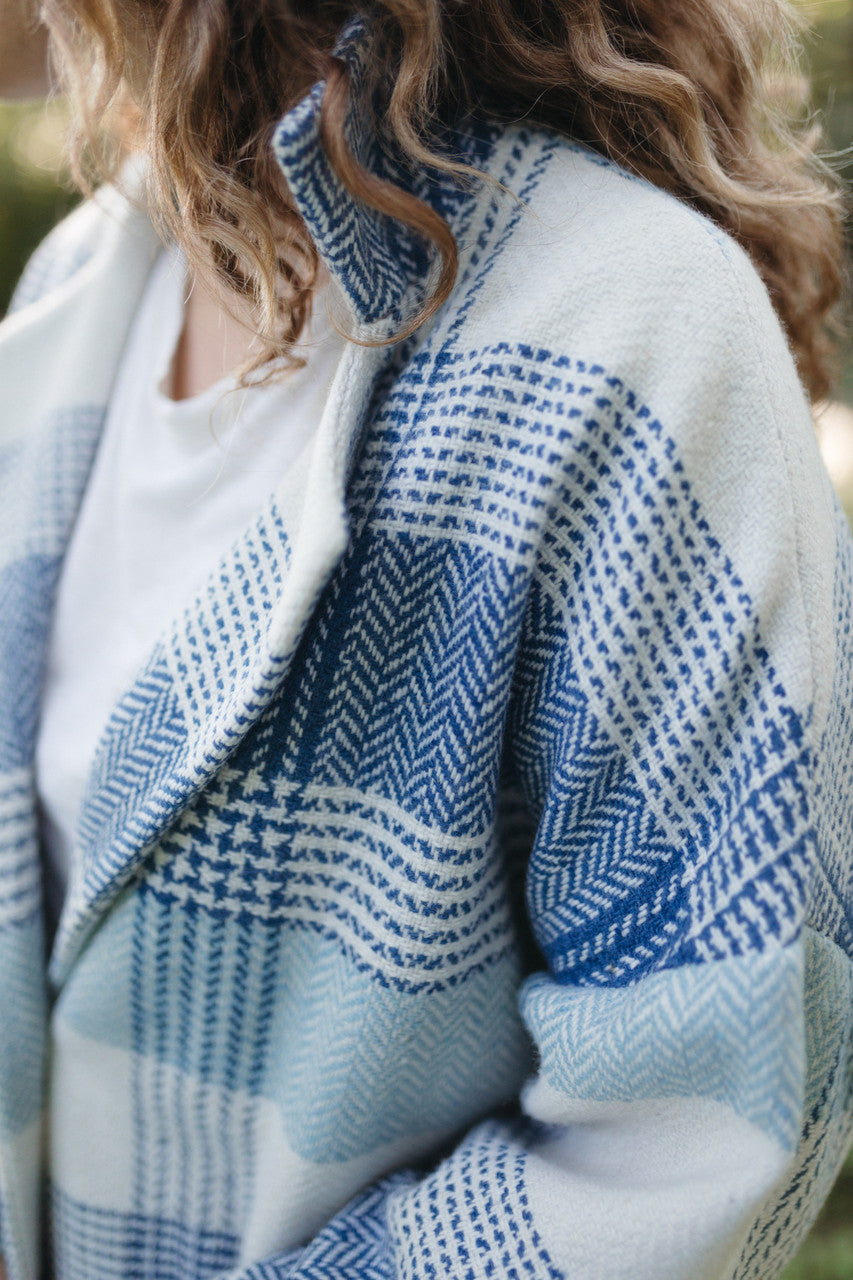 Portuguese Wool Pieper Coat in Cream and Blue Plaid Made to Order
