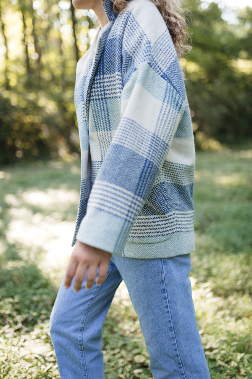Portuguese Wool Pieper Coat in Cream and Blue Plaid Made to Order