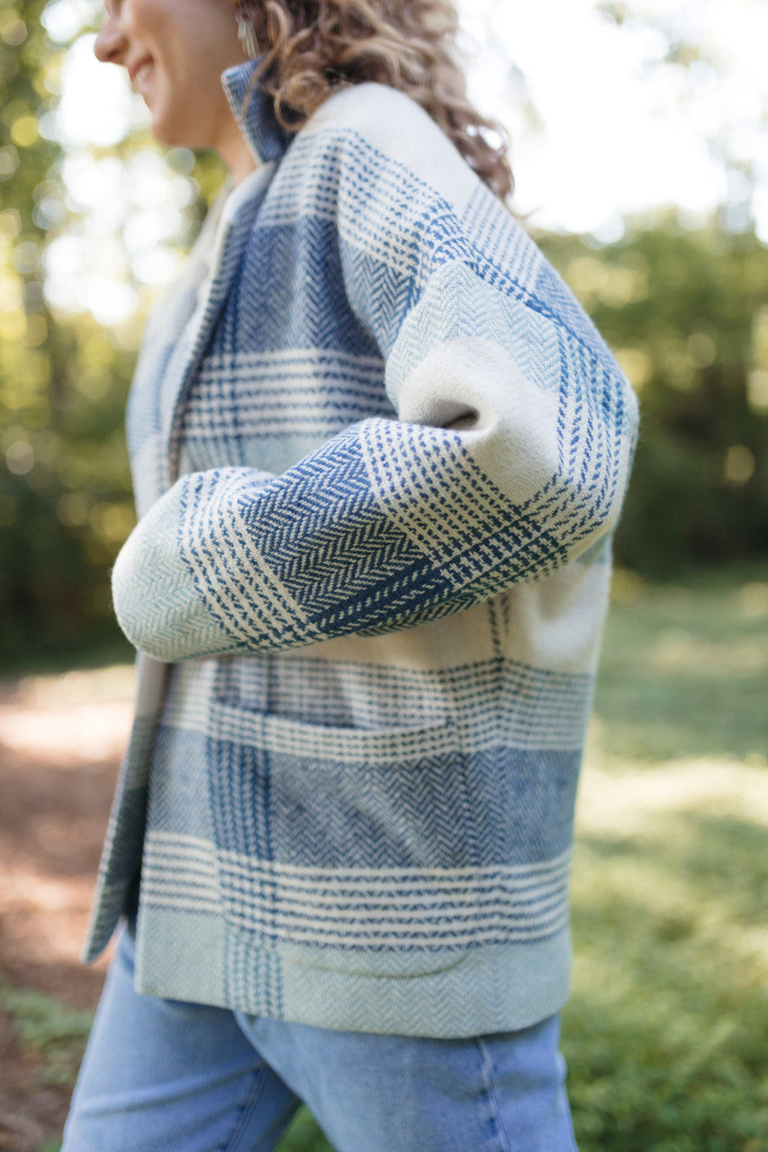 Portuguese Wool Pieper Coat in Cream and Blue Plaid Made to Order