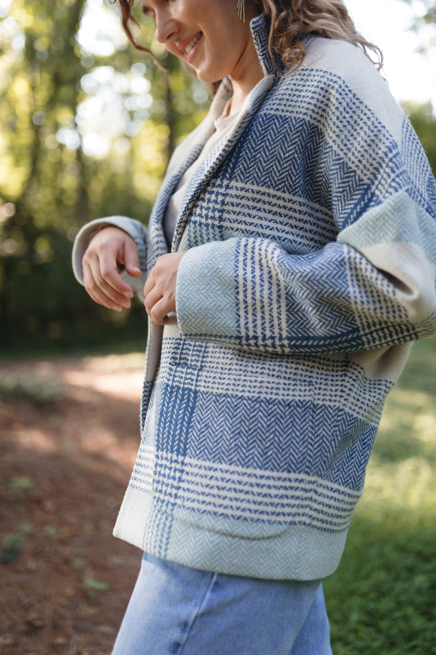 Portuguese Wool Pieper Coat in Cream and Blue Plaid Made to Order