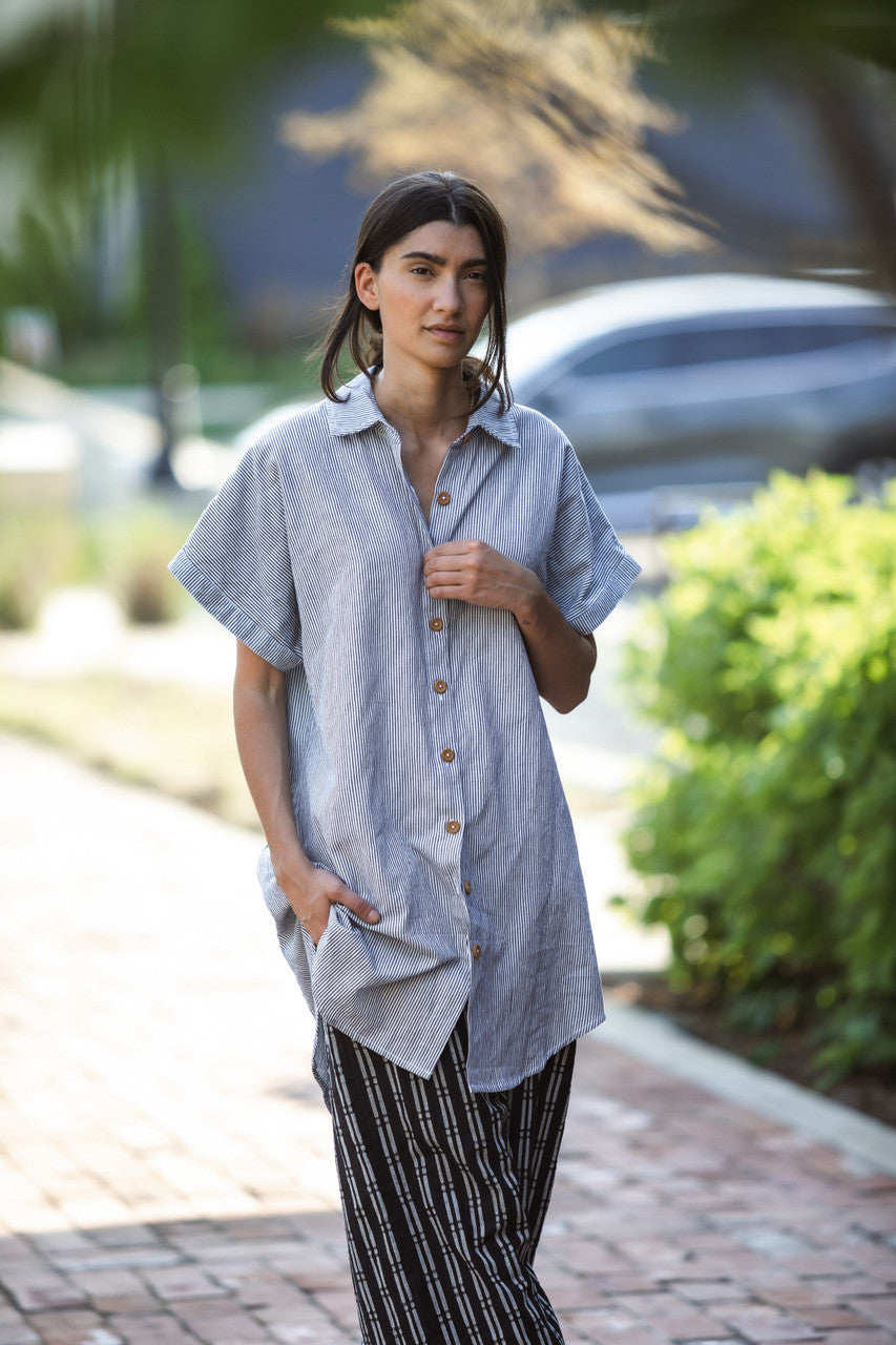 Paige Handwoven Cotton Relaxed Shirt Dress in Blue and White Pin-Stripe