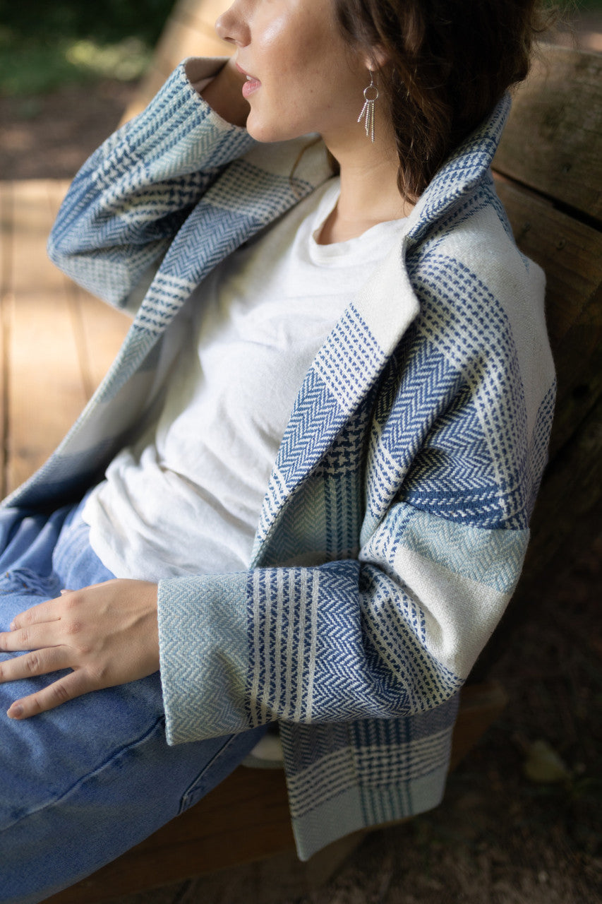 Portuguese Wool Pieper Coat in Cream and Blue Plaid Made to Order