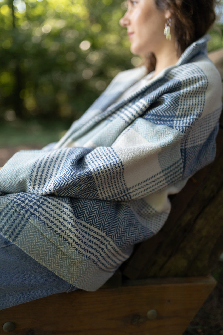 Portuguese Wool Pieper Coat in Cream and Blue Plaid Made to Order