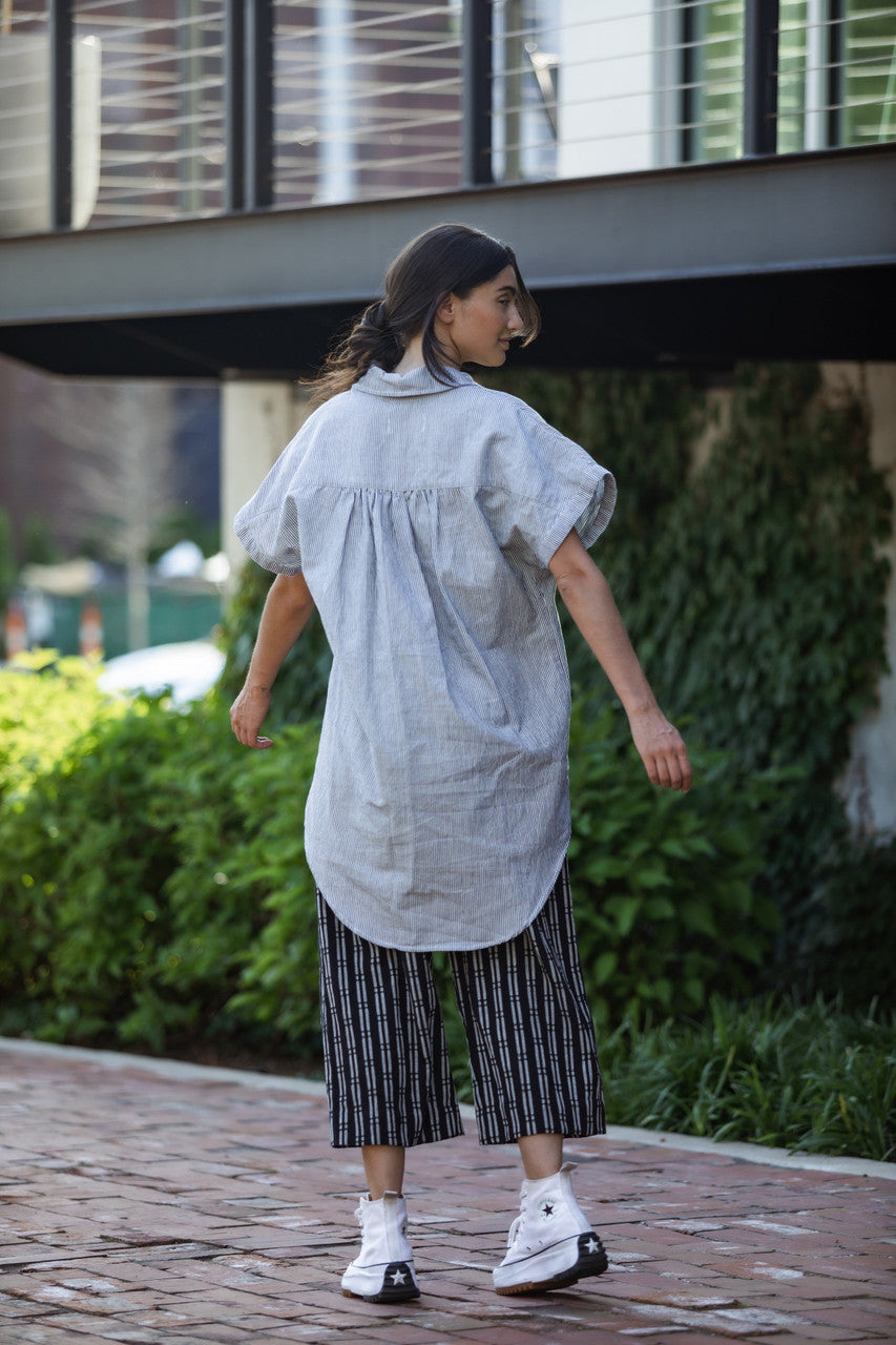 Paige Handwoven Cotton Relaxed Shirt Dress in Blue and White Pin-Stripe