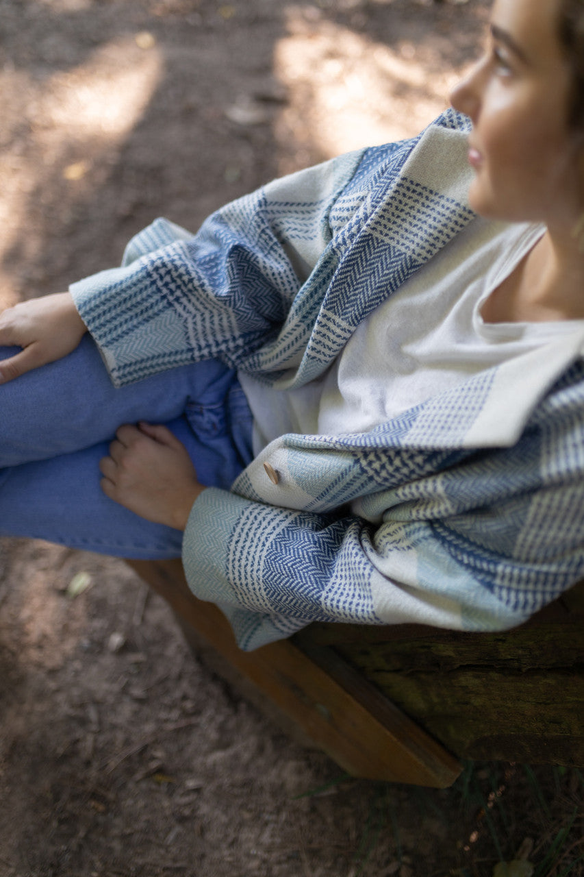 Portuguese Wool Pieper Coat in Cream and Blue Plaid Made to Order