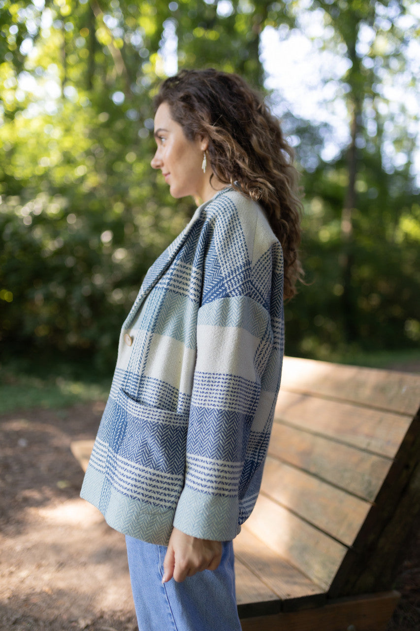 Portuguese Wool Pieper Coat in Cream and Blue Plaid Made to Order