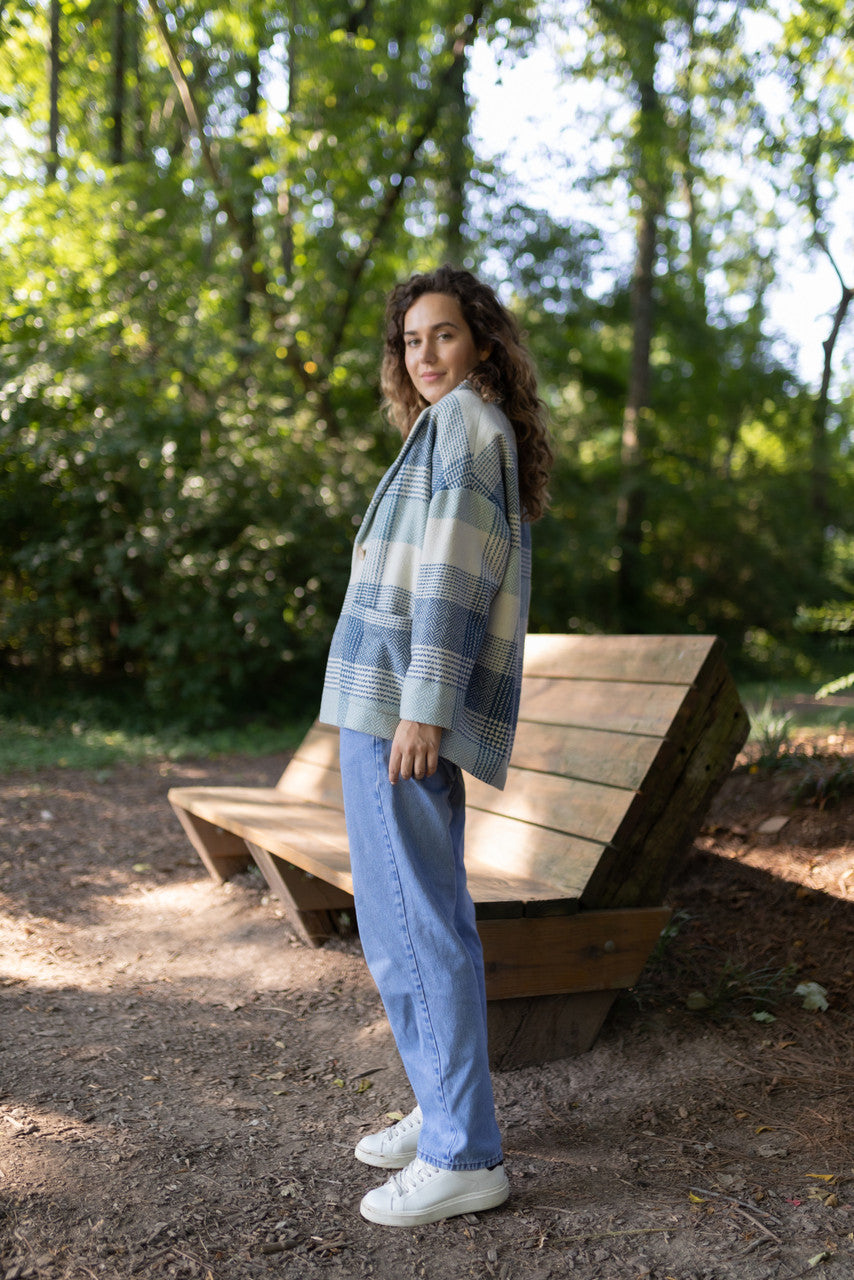 Portuguese Wool Pieper Coat in Cream and Blue Plaid Made to Order