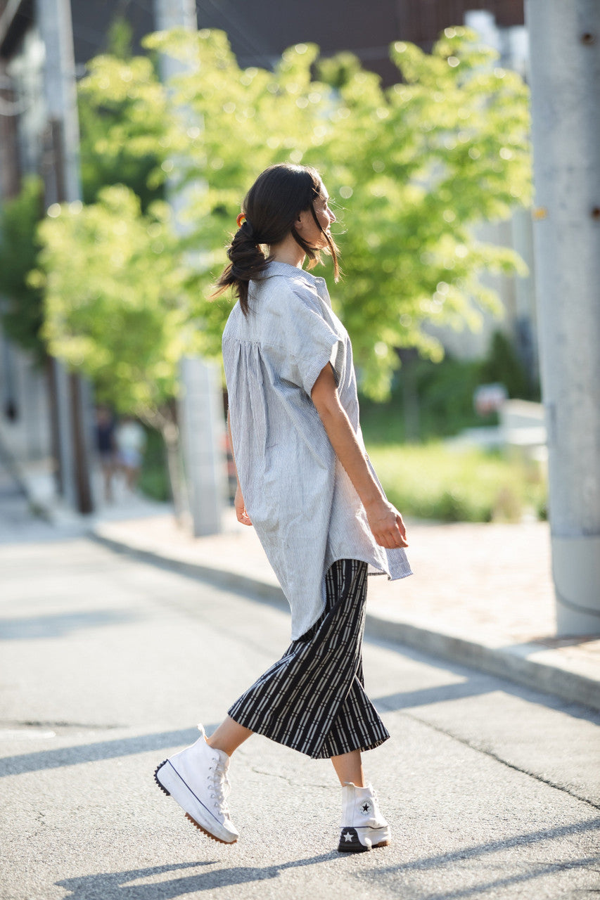 Paige Handwoven Cotton Relaxed Shirt Dress in Blue and White Pin-Stripe