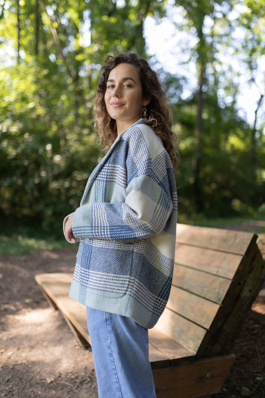 Portuguese Wool Pieper Coat in Cream and Blue Plaid Made to Order