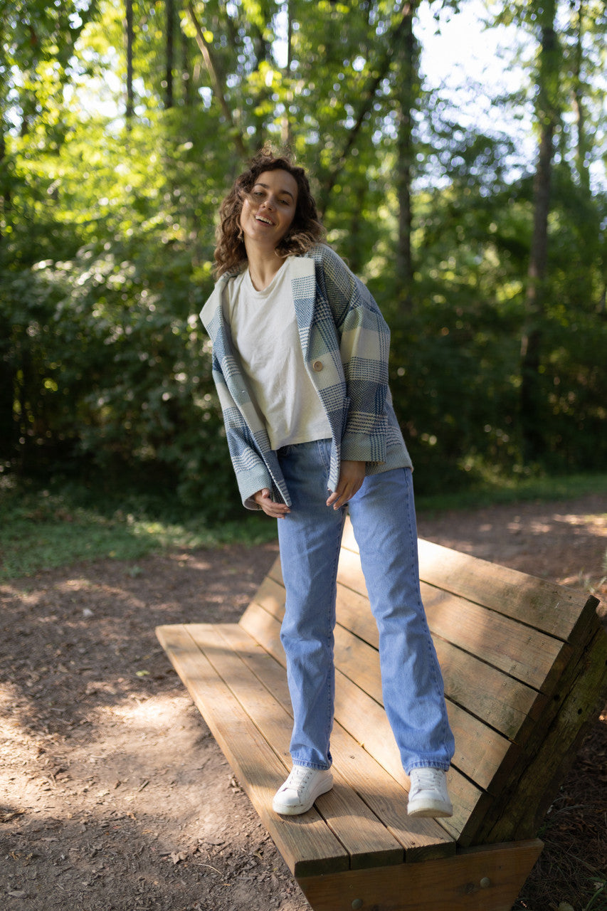 Portuguese Wool Pieper Coat in Cream and Blue Plaid Made to Order