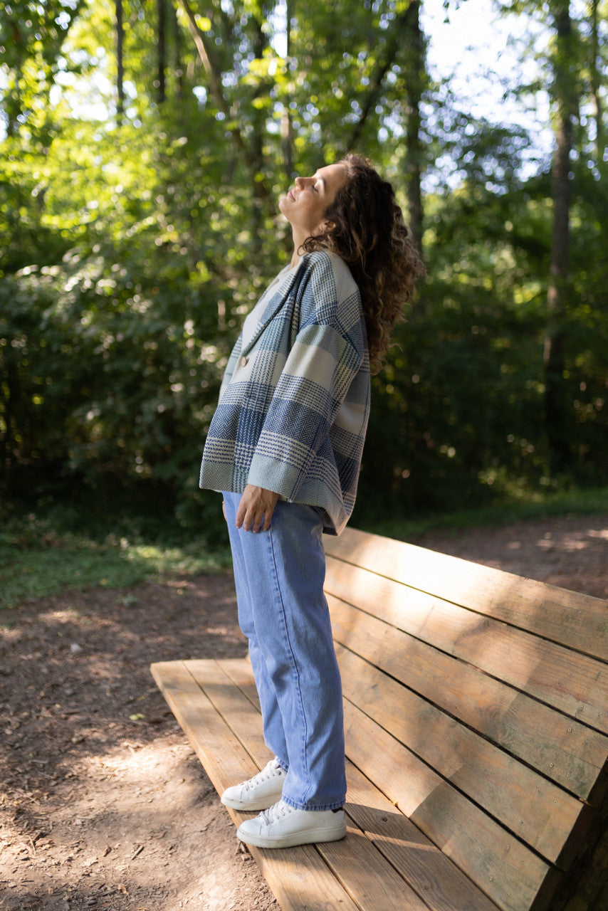 Portuguese Wool Pieper Coat in Cream and Blue Plaid Made to Order