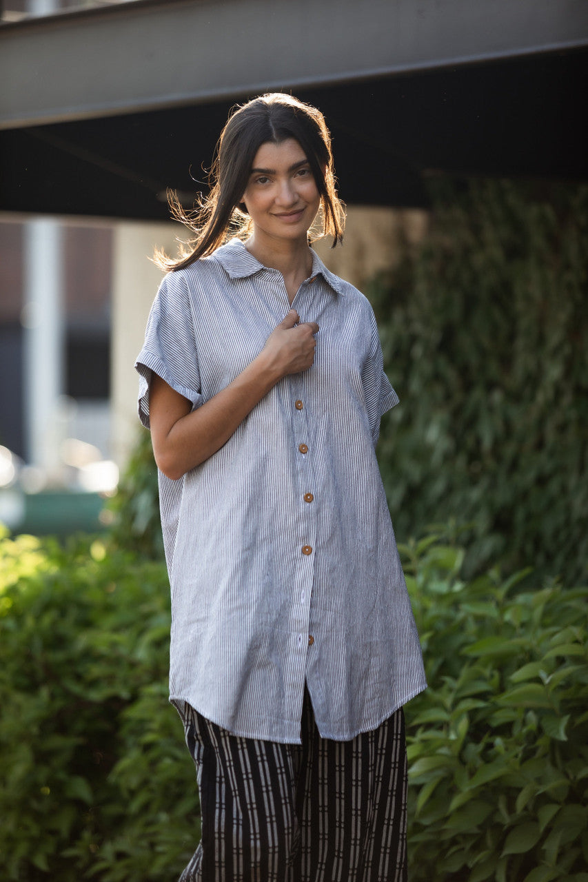 Paige Handwoven Cotton Relaxed Shirt Dress in Blue and White Pin-Stripe