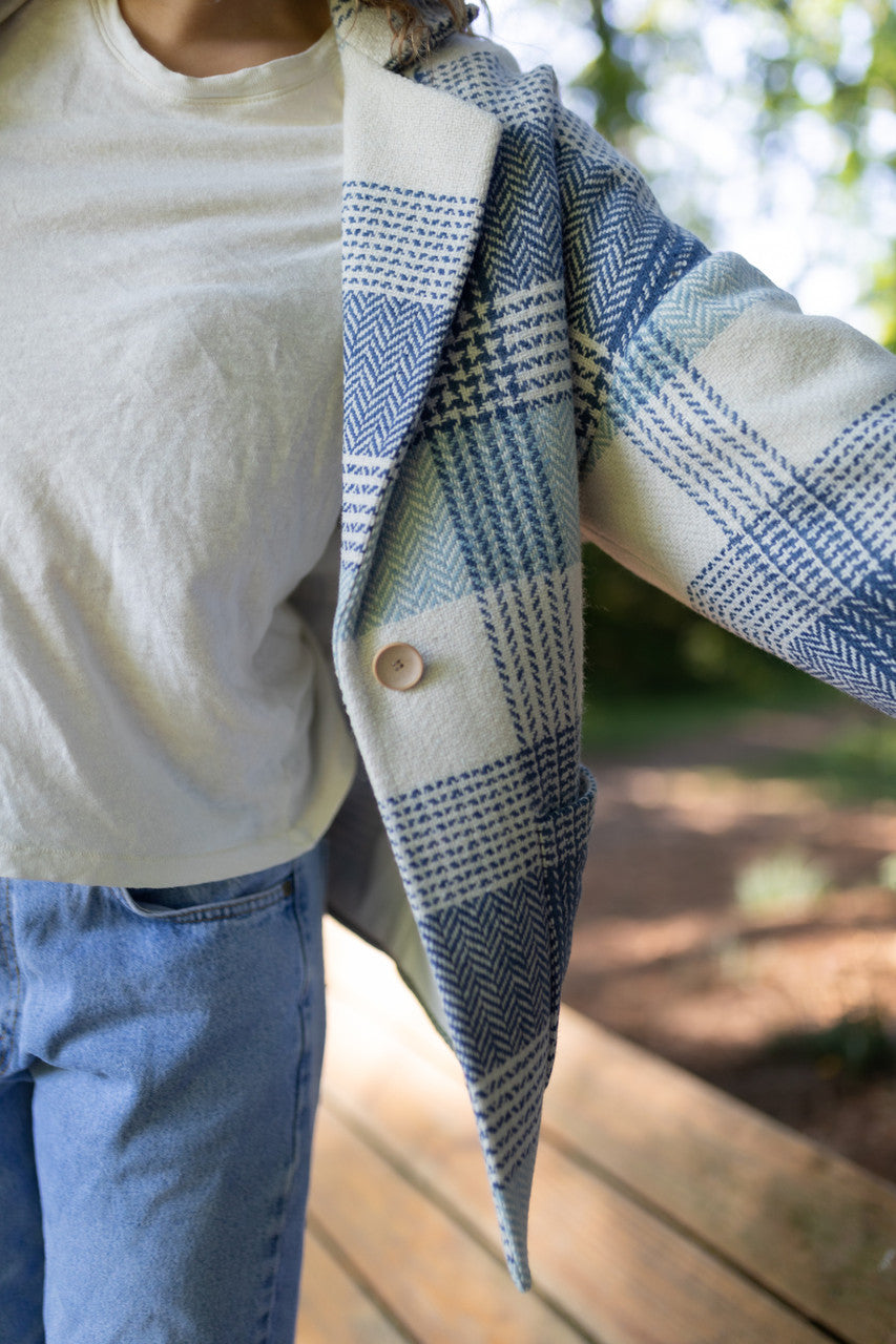Portuguese Wool Pieper Coat in Cream and Blue Plaid Made to Order