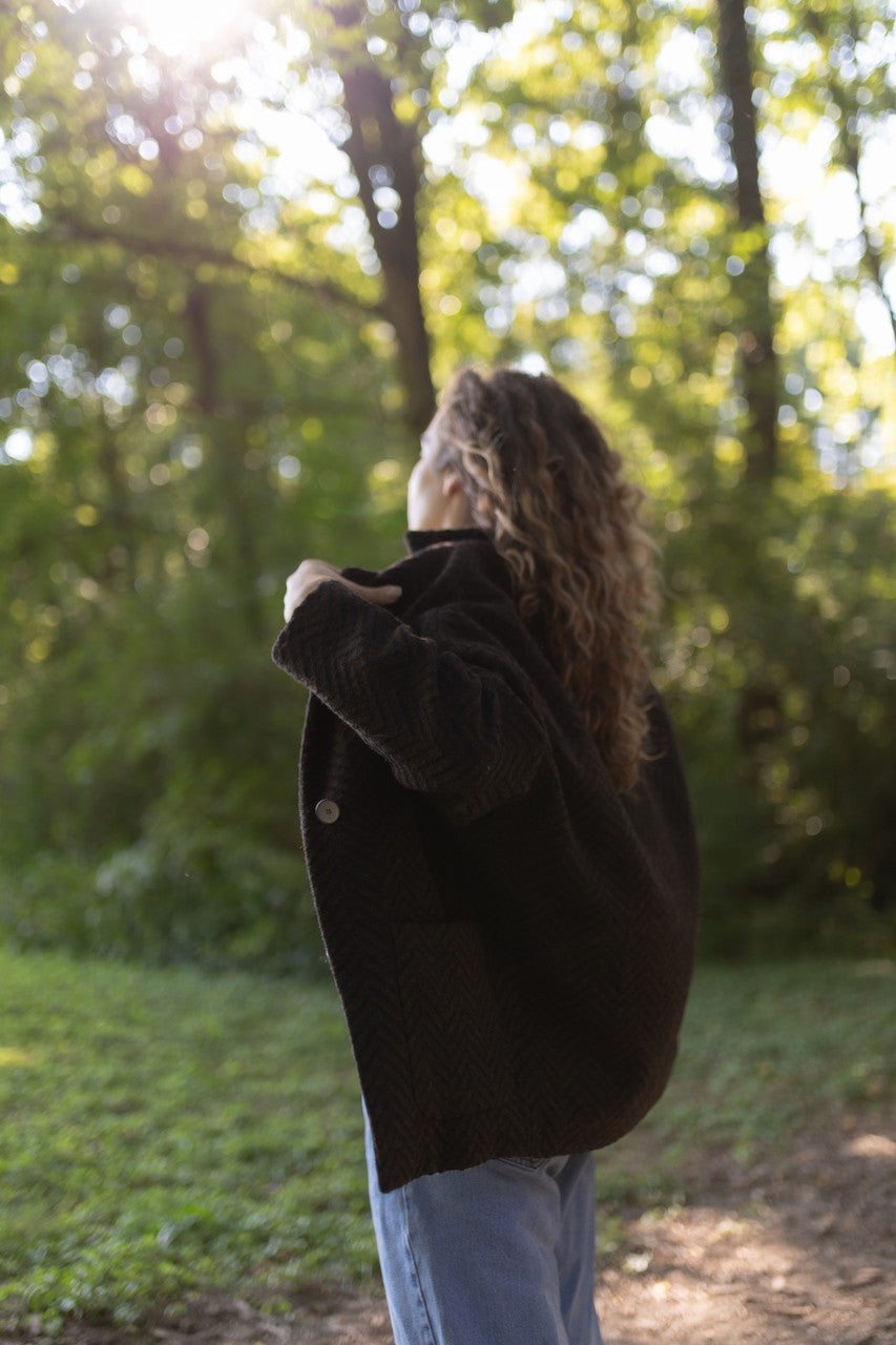 Portuguese Wool Pieper Coat in Black and Brown Herringbone Made to Order