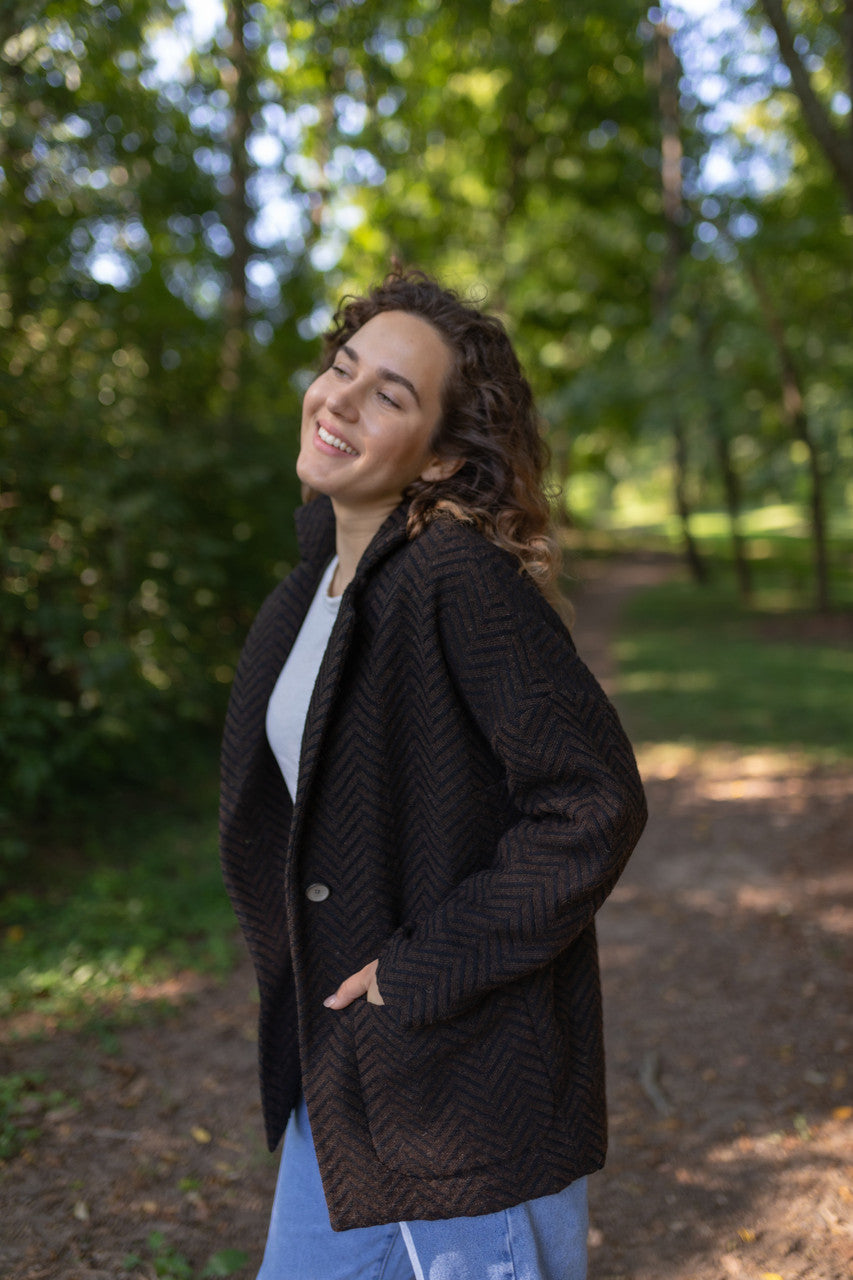 Portuguese Wool Pieper Coat in Black and Brown Herringbone Made to Order