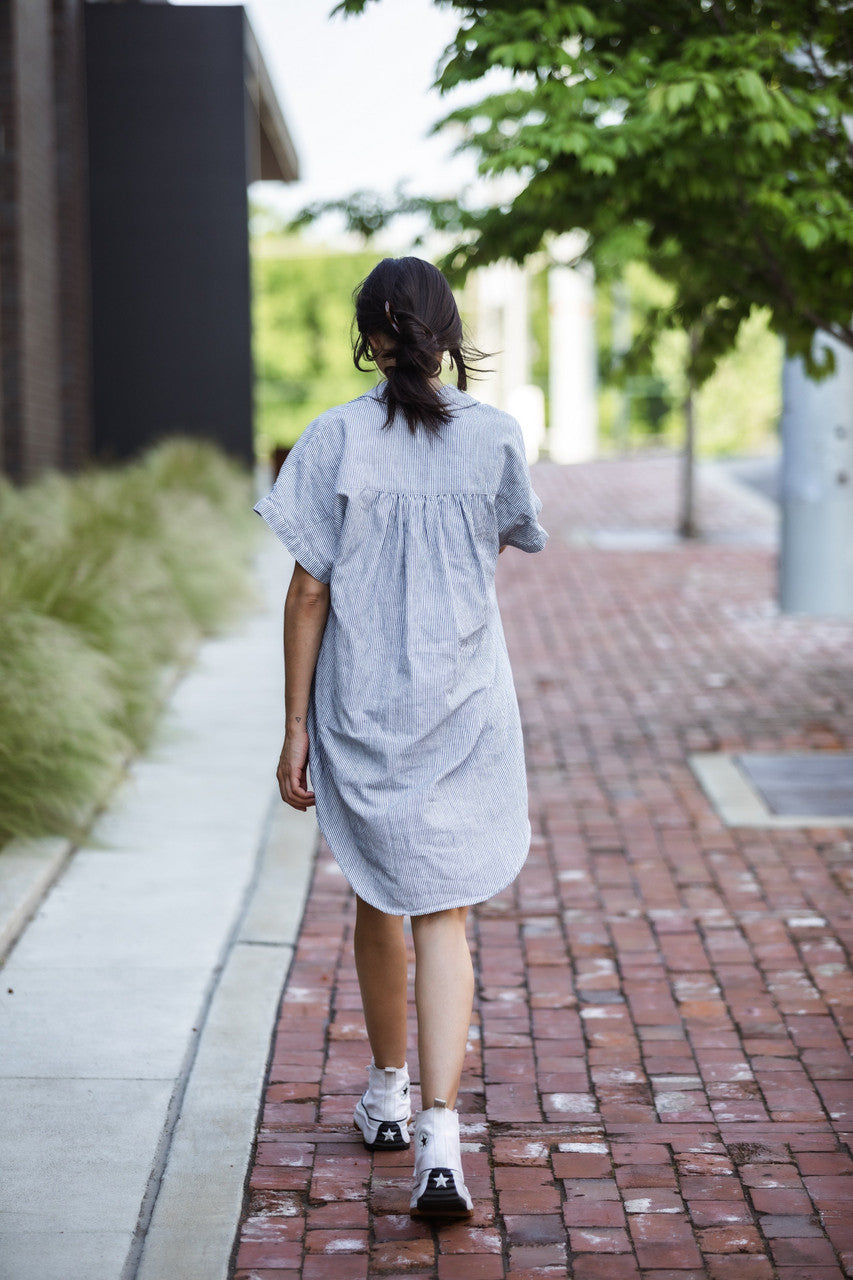 Paige Handwoven Cotton Relaxed Shirt Dress in Blue and White Pin-Stripe