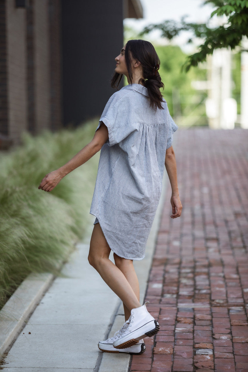 Paige Handwoven Cotton Relaxed Shirt Dress in Blue and White Pin-Stripe