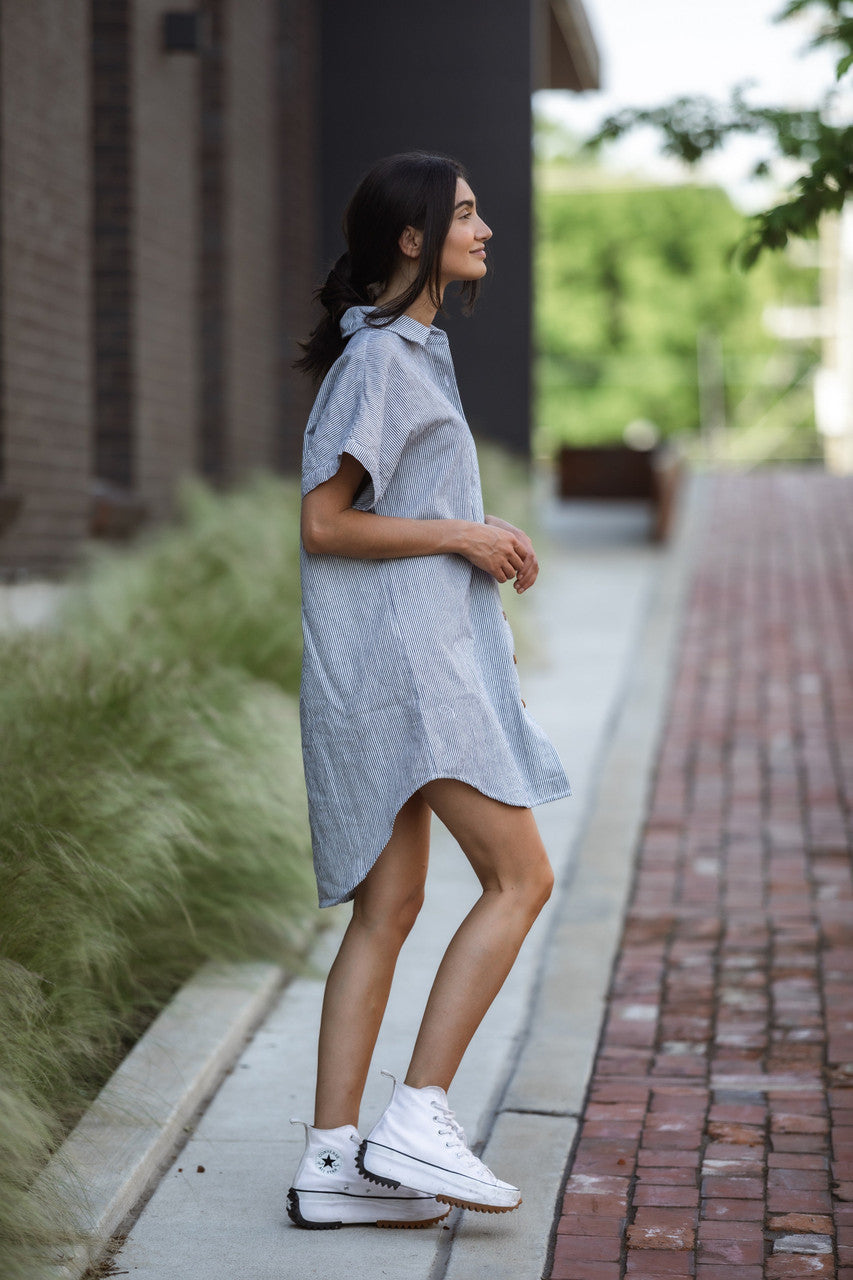 Paige Handwoven Cotton Relaxed Shirt Dress in Blue and White Pin-Stripe