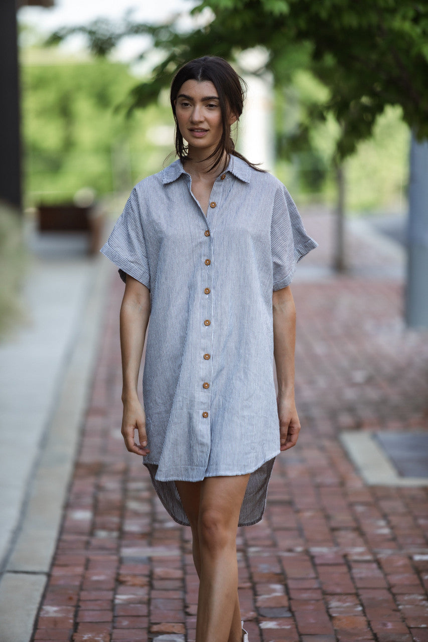 Paige Handwoven Cotton Relaxed Shirt Dress in Blue and White Pin-Stripe