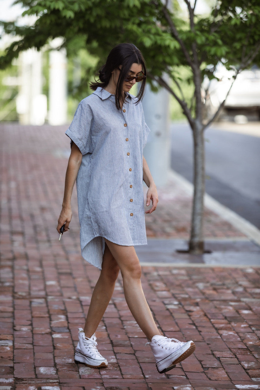 Paige Handwoven Cotton Relaxed Shirt Dress in Blue and White Pin-Stripe