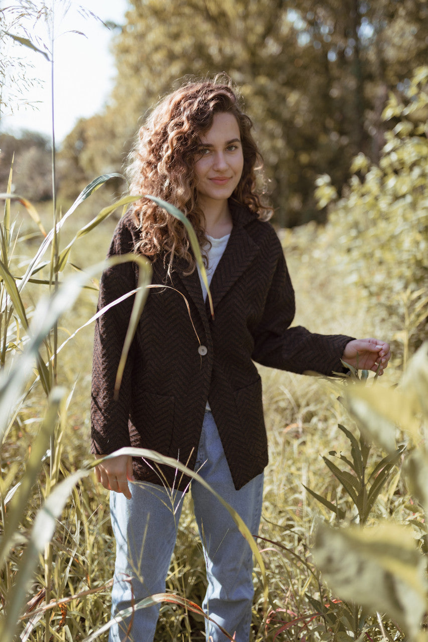 Portuguese Wool Pieper Coat in Black and Brown Herringbone Made to Order