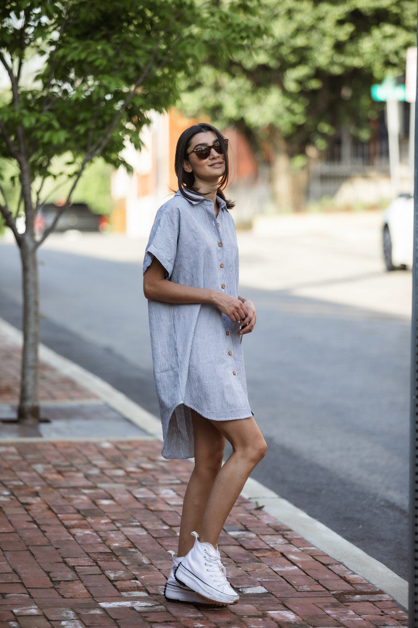 Paige Handwoven Cotton Relaxed Shirt Dress in Blue and White Pin-Stripe