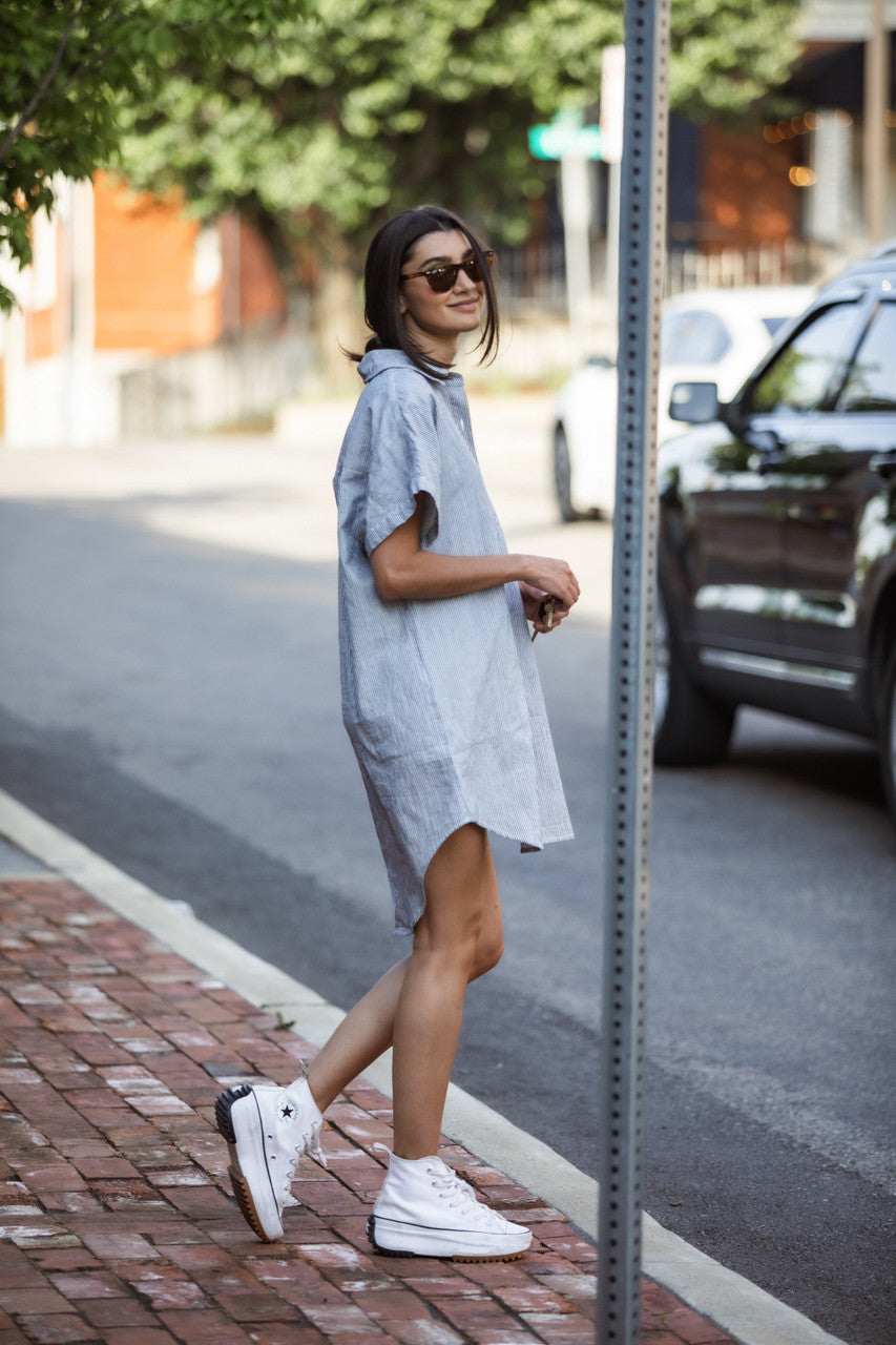 Paige Handwoven Cotton Relaxed Shirt Dress in Blue and White Pin-Stripe