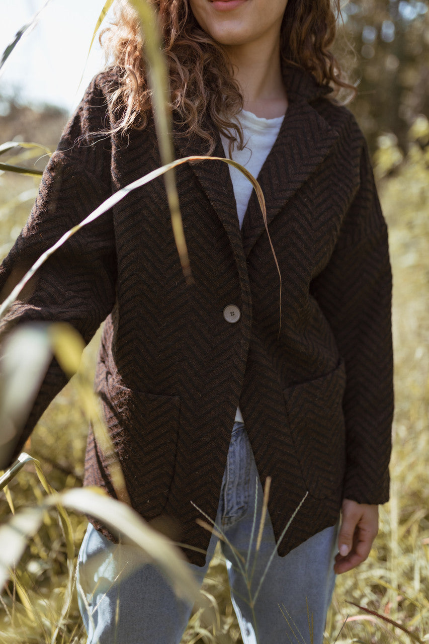 Portuguese Wool Pieper Coat in Black and Brown Herringbone Made to Order