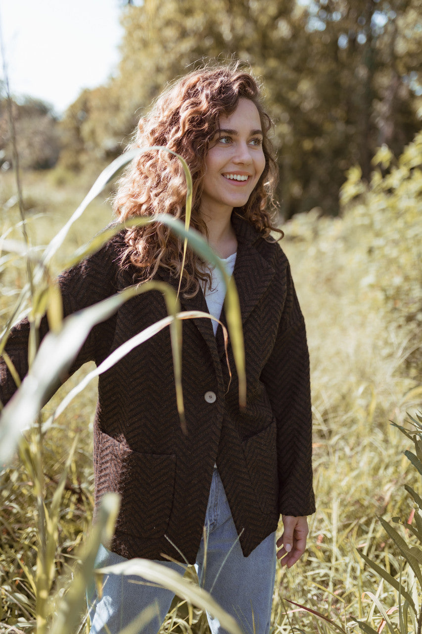 Portuguese Wool Pieper Coat in Black and Brown Herringbone Made to Order