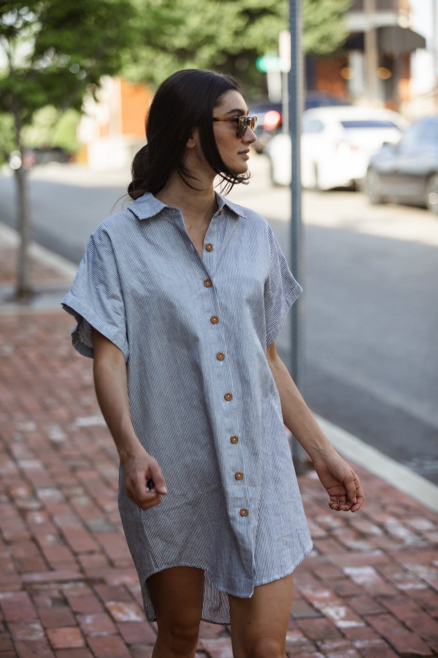 Paige Handwoven Cotton Relaxed Shirt Dress in Blue and White Pin-Stripe