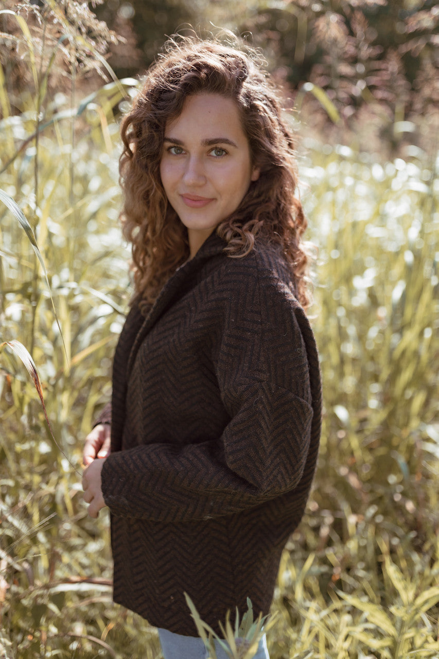 Portuguese Wool Pieper Coat in Black and Brown Herringbone Made to Order