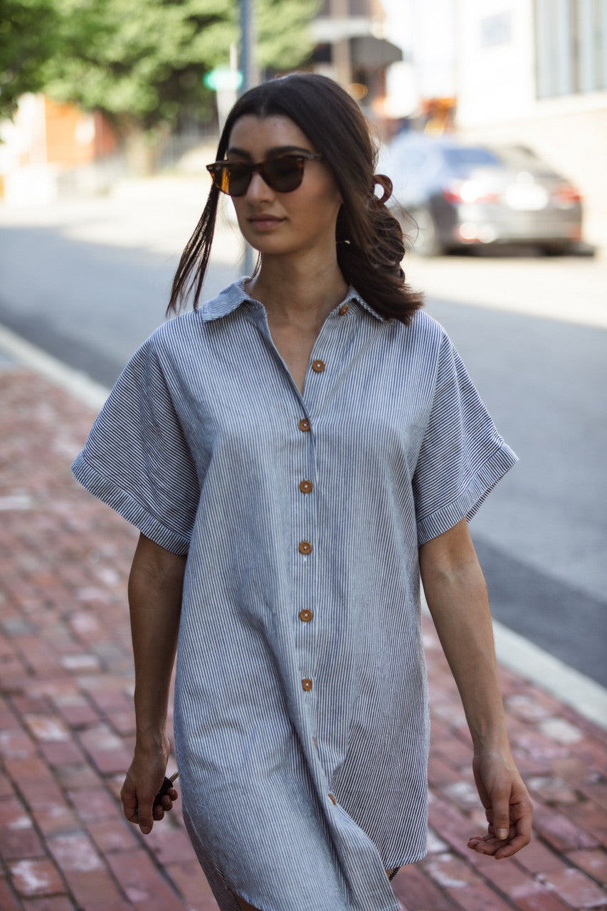 Paige Handwoven Cotton Relaxed Shirt Dress in Blue and White Pin-Stripe