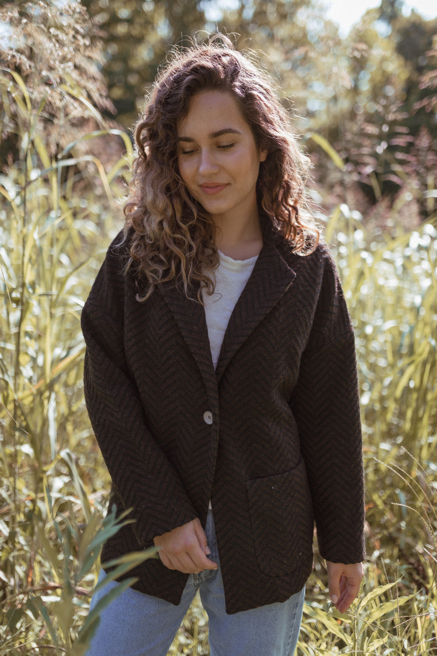 Portuguese Wool Pieper Coat in Black and Brown Herringbone Made to Order