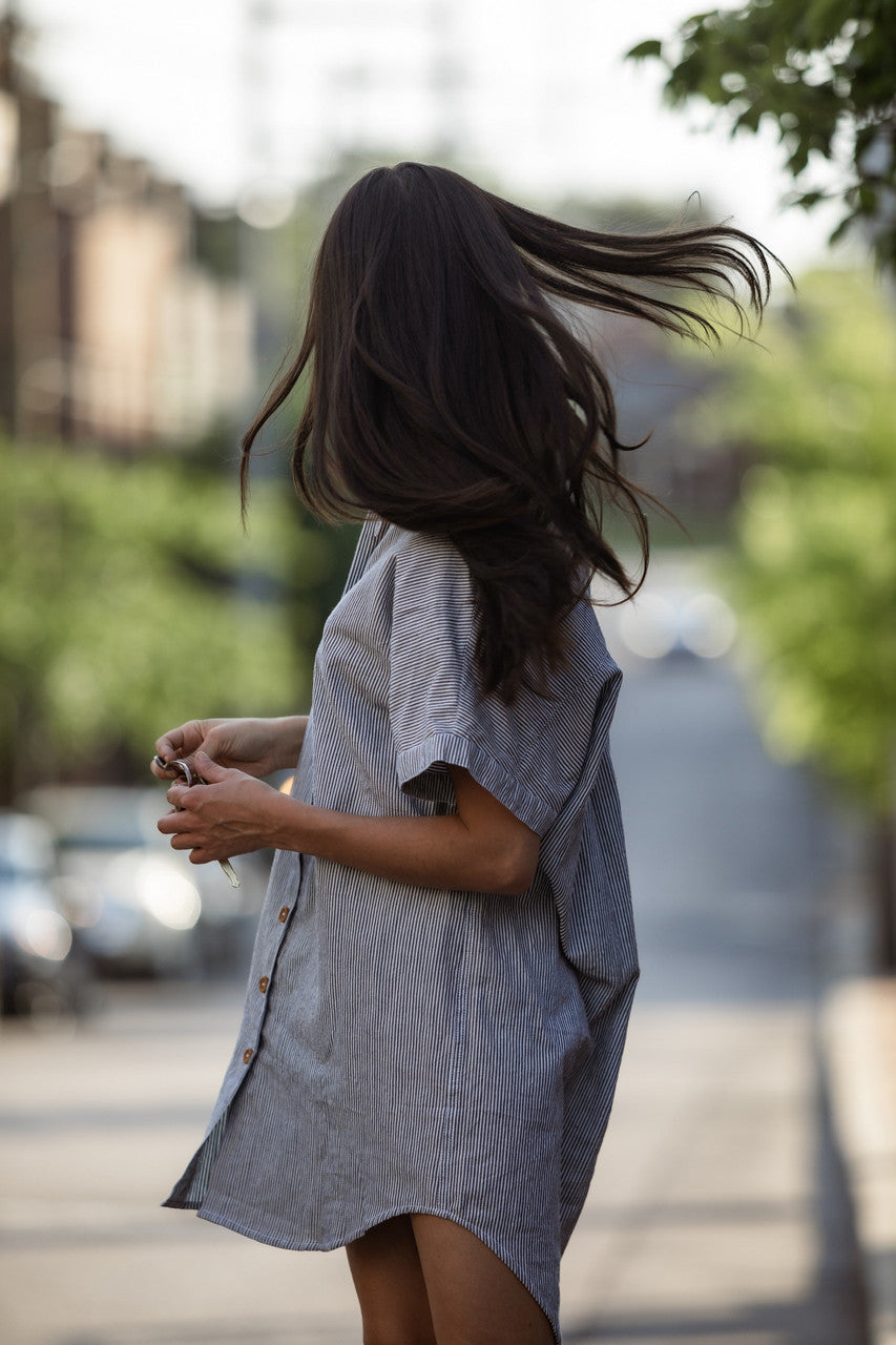Paige Handwoven Cotton Relaxed Shirt Dress in Blue and White Pin-Stripe