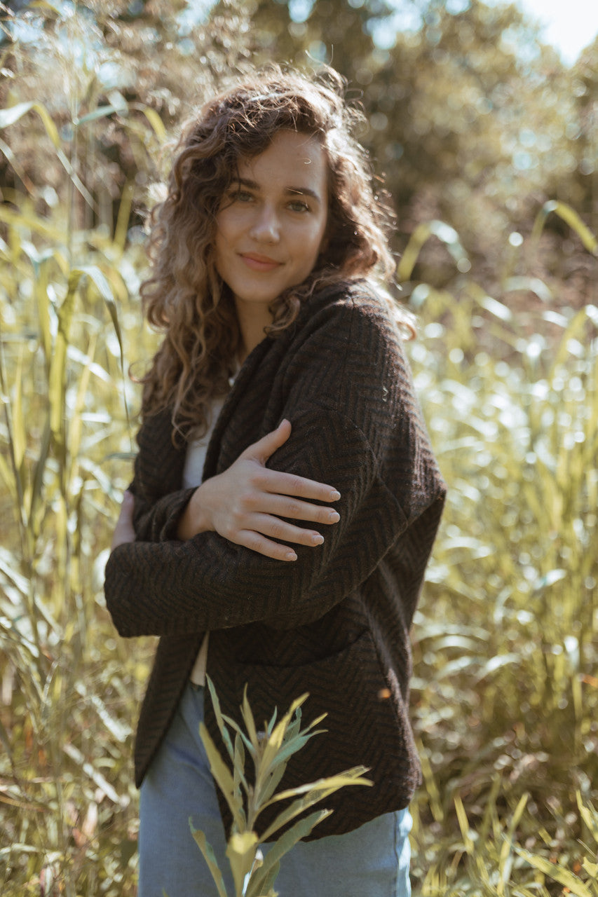 Portuguese Wool Pieper Coat in Black and Brown Herringbone Made to Order