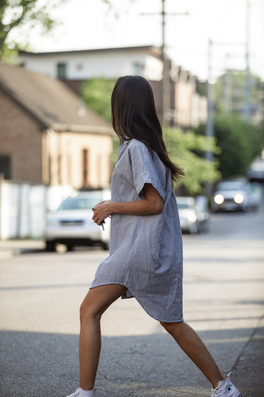 Paige Handwoven Cotton Relaxed Shirt Dress in Blue and White Pin-Stripe