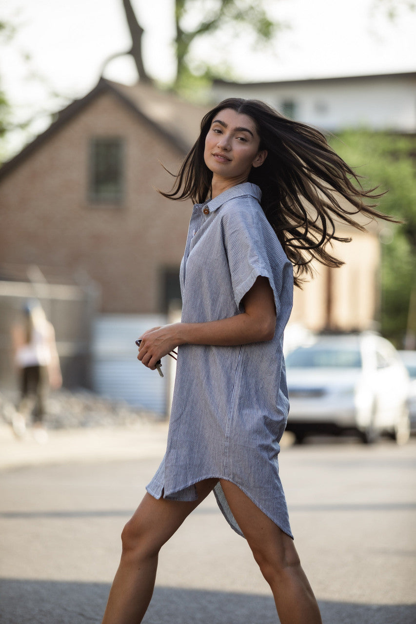 Paige Handwoven Cotton Relaxed Shirt Dress in Blue and White Pin-Stripe