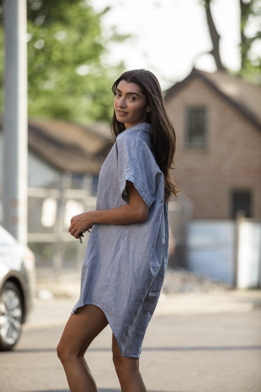 Paige Handwoven Cotton Relaxed Shirt Dress in Blue and White Pin-Stripe