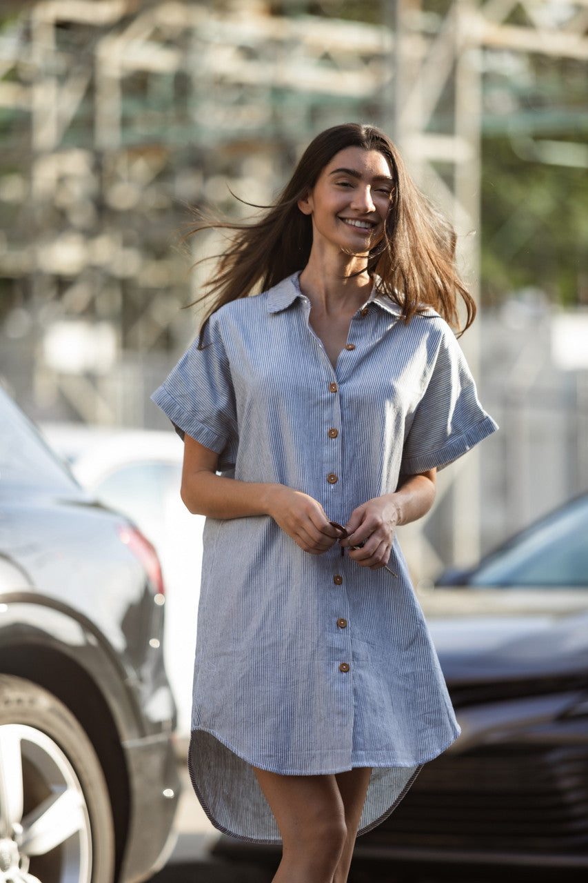 Paige Handwoven Cotton Relaxed Shirt Dress in Blue and White Pin-Stripe