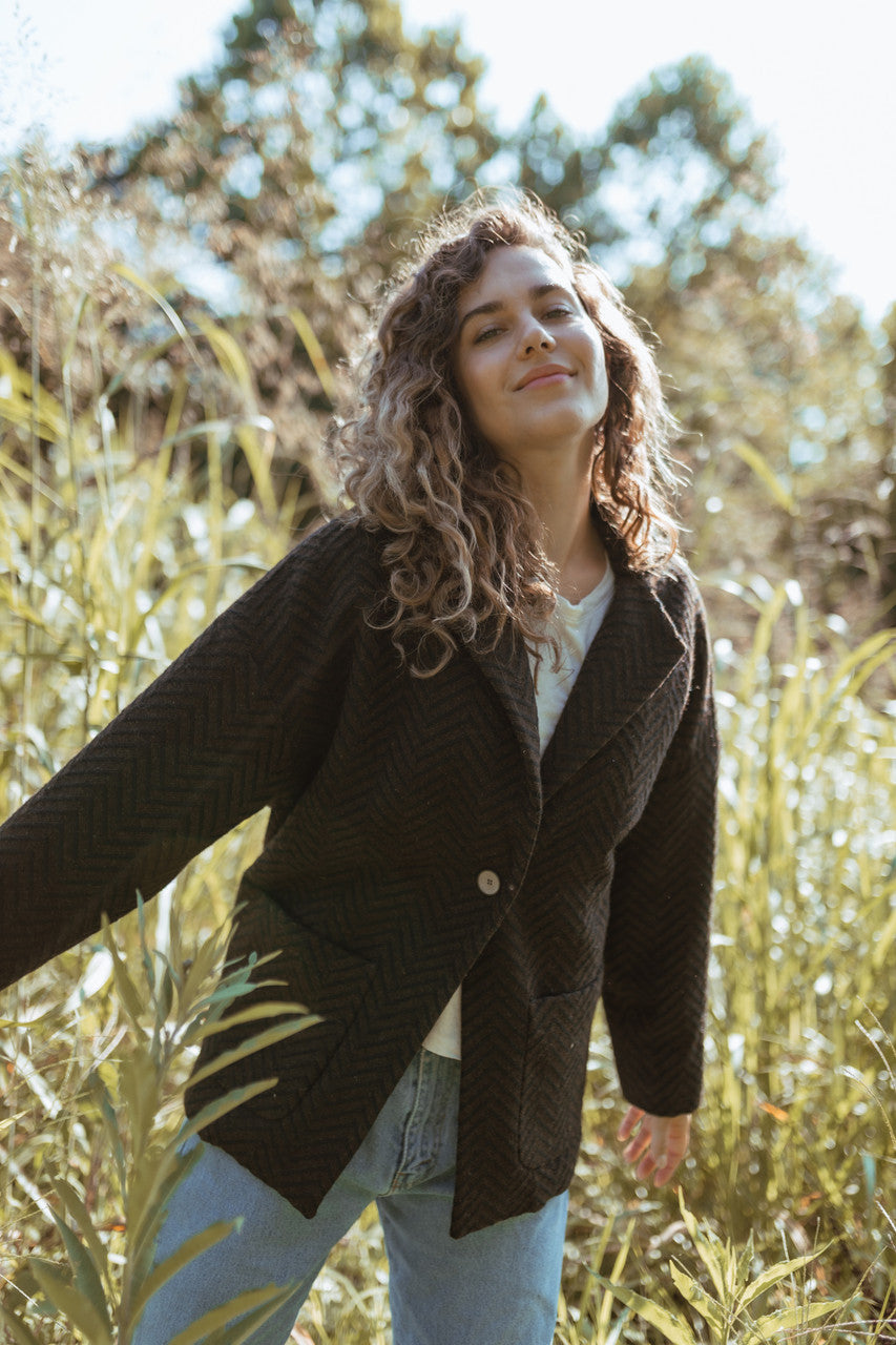 Portuguese Wool Pieper Coat in Black and Brown Herringbone Made to Order