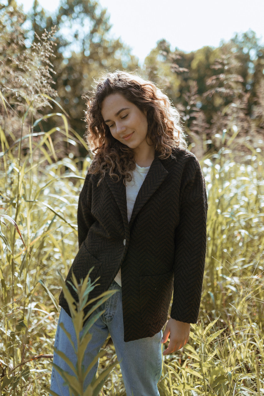 Portuguese Wool Pieper Coat in Black and Brown Herringbone Made to Order