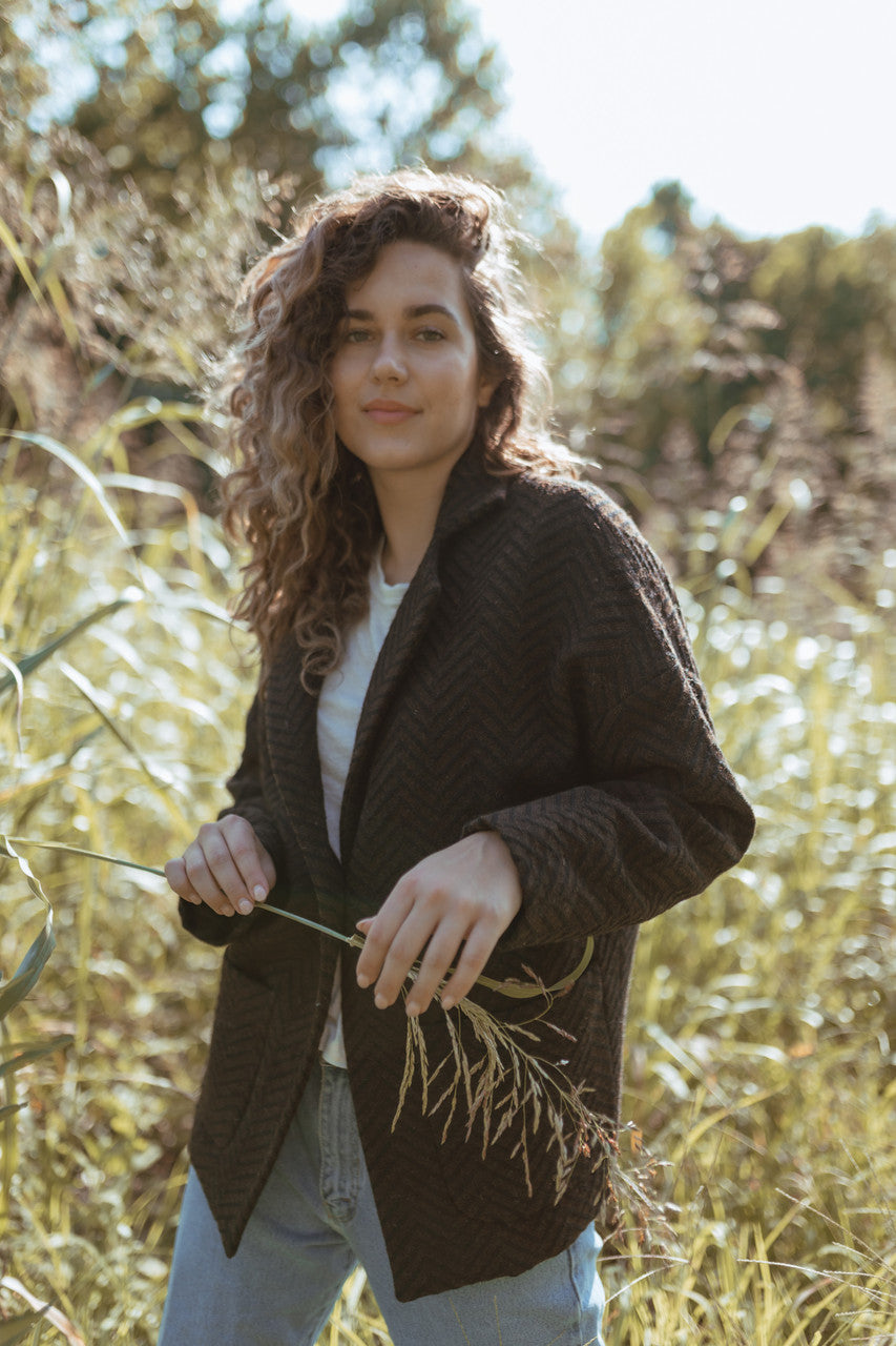 Portuguese Wool Pieper Coat in Black and Brown Herringbone Made to Order
