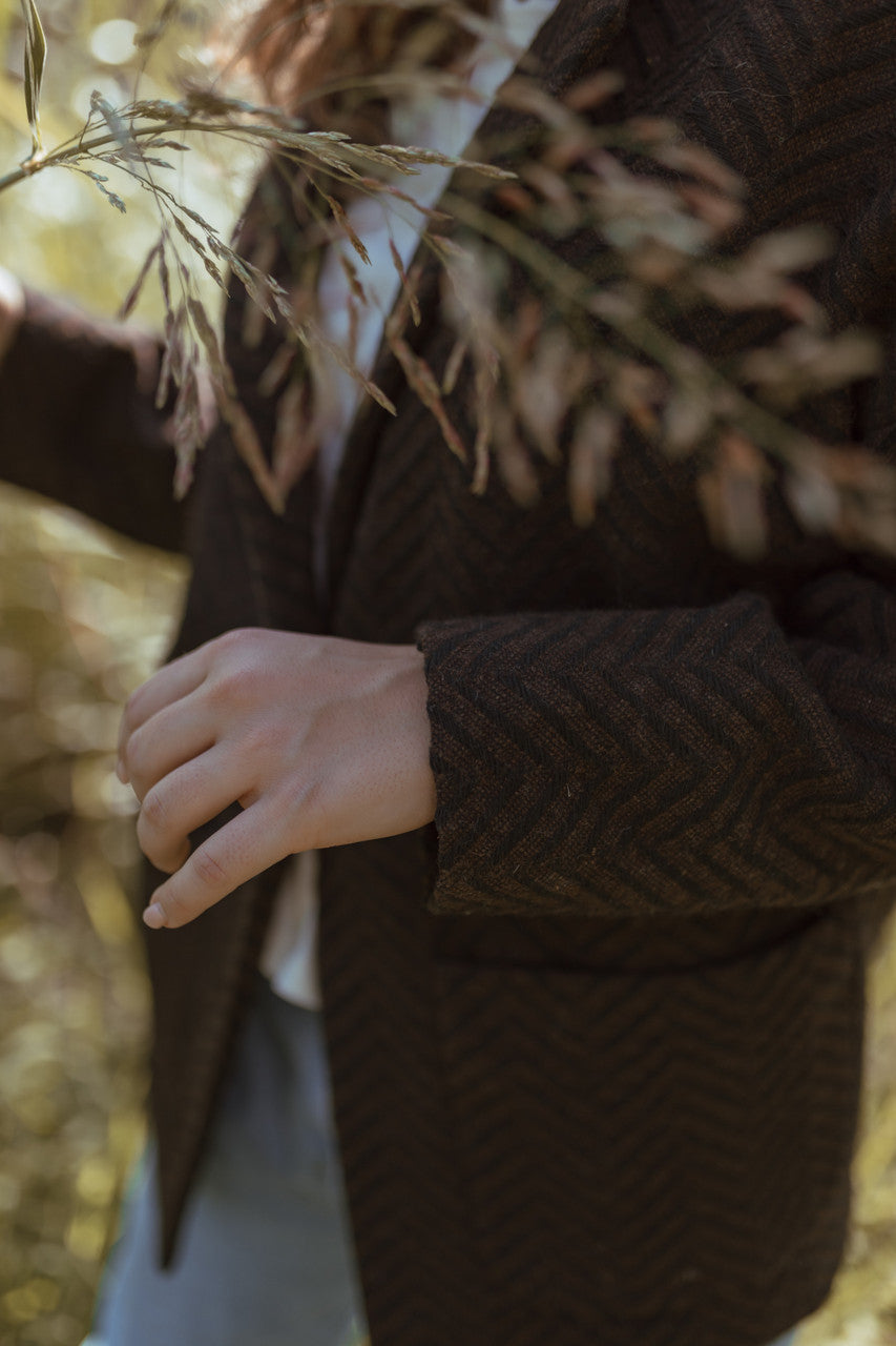 Portuguese Wool Pieper Coat in Black and Brown Herringbone Made to Order
