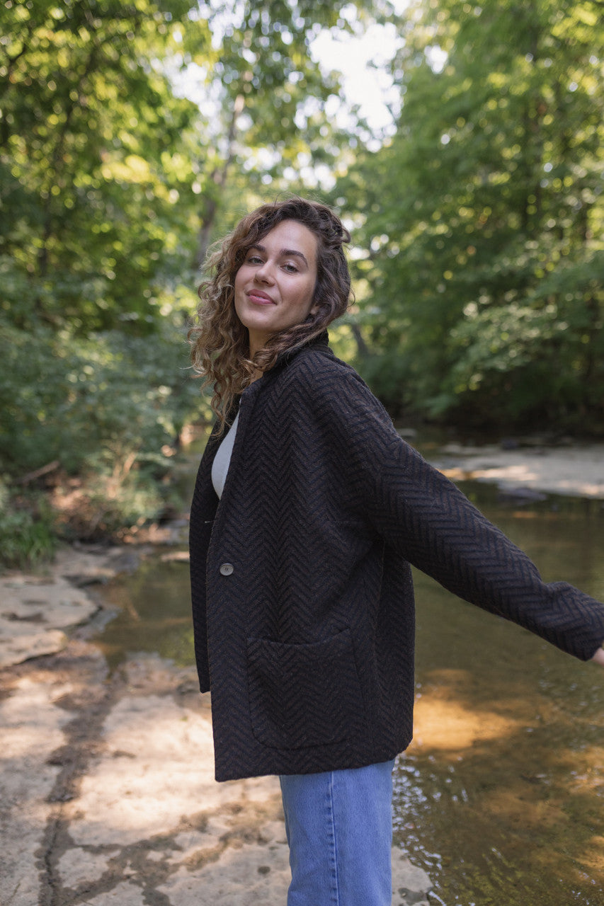Portuguese Wool Pieper Coat in Black and Brown Herringbone Made to Order