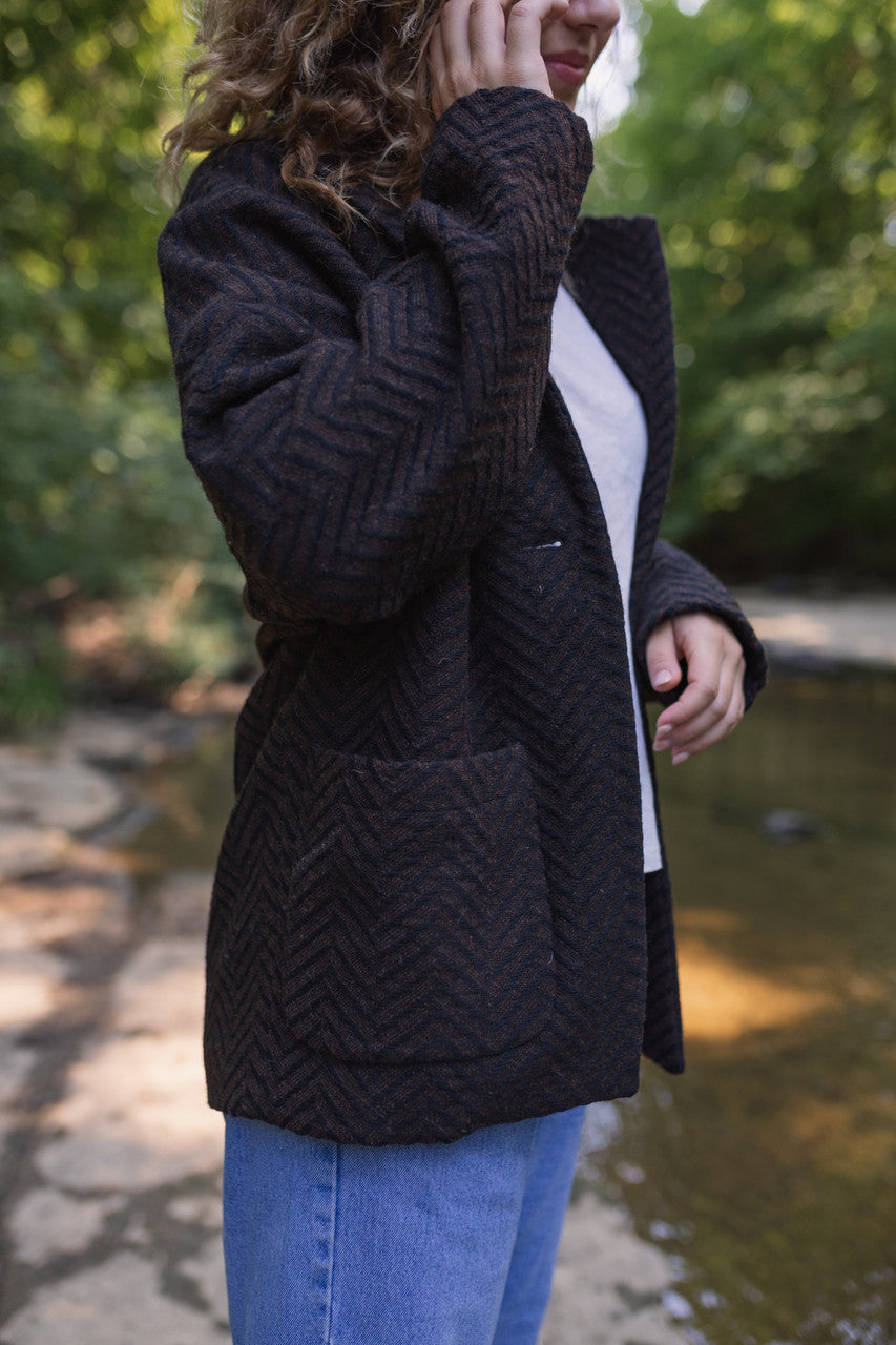 Portuguese Wool Pieper Coat in Black and Brown Herringbone Made to Order