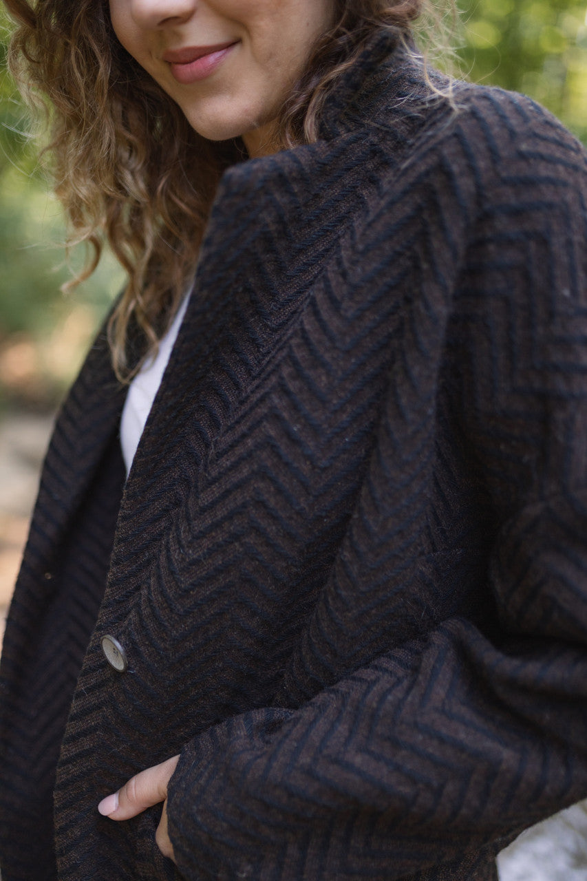 Portuguese Wool Pieper Coat in Black and Brown Herringbone Made to Order