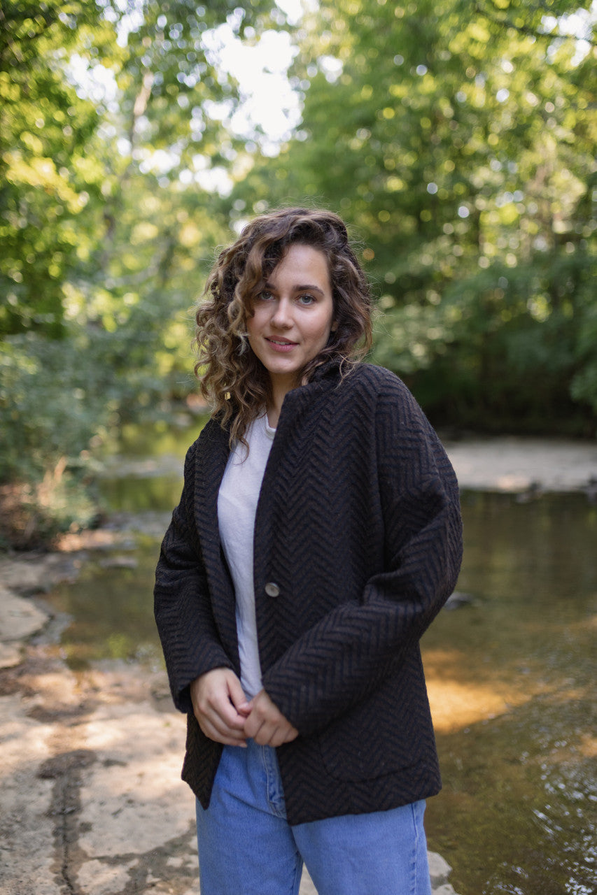 Portuguese Wool Pieper Coat in Black and Brown Herringbone Made to Order
