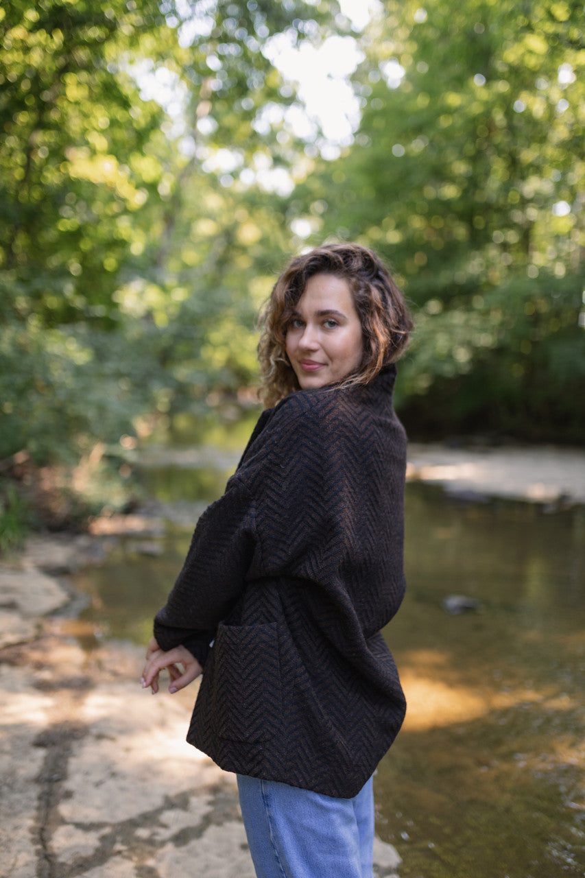 Portuguese Wool Pieper Coat in Black and Brown Herringbone Made to Order
