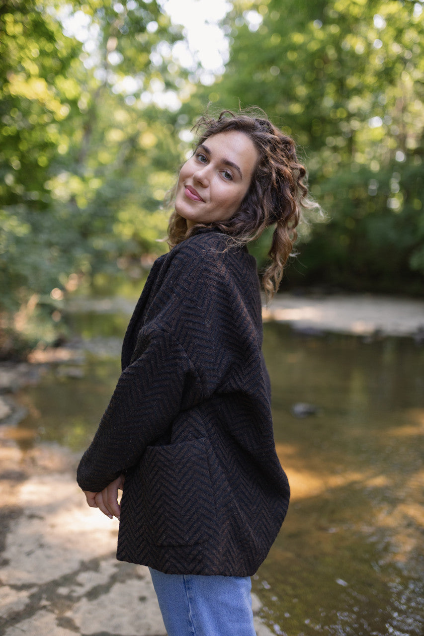 Portuguese Wool Pieper Coat in Black and Brown Herringbone Made to Order