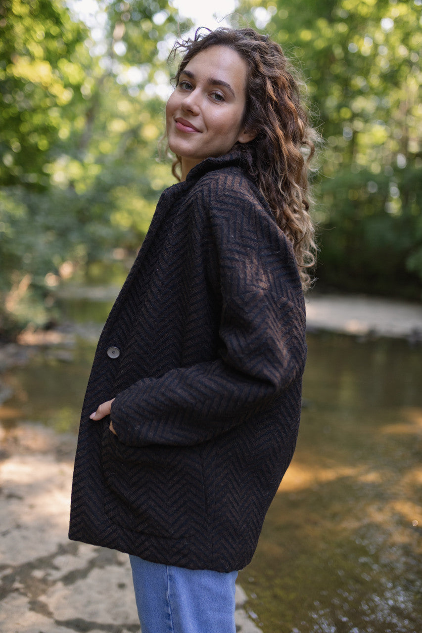 Portuguese Wool Pieper Coat in Black and Brown Herringbone Made to Order